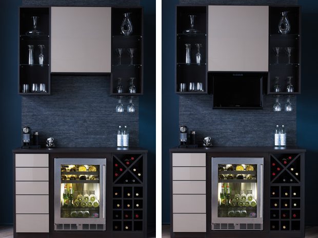 Home wine bar and storage design with shelving and custom cabinets by California Closets