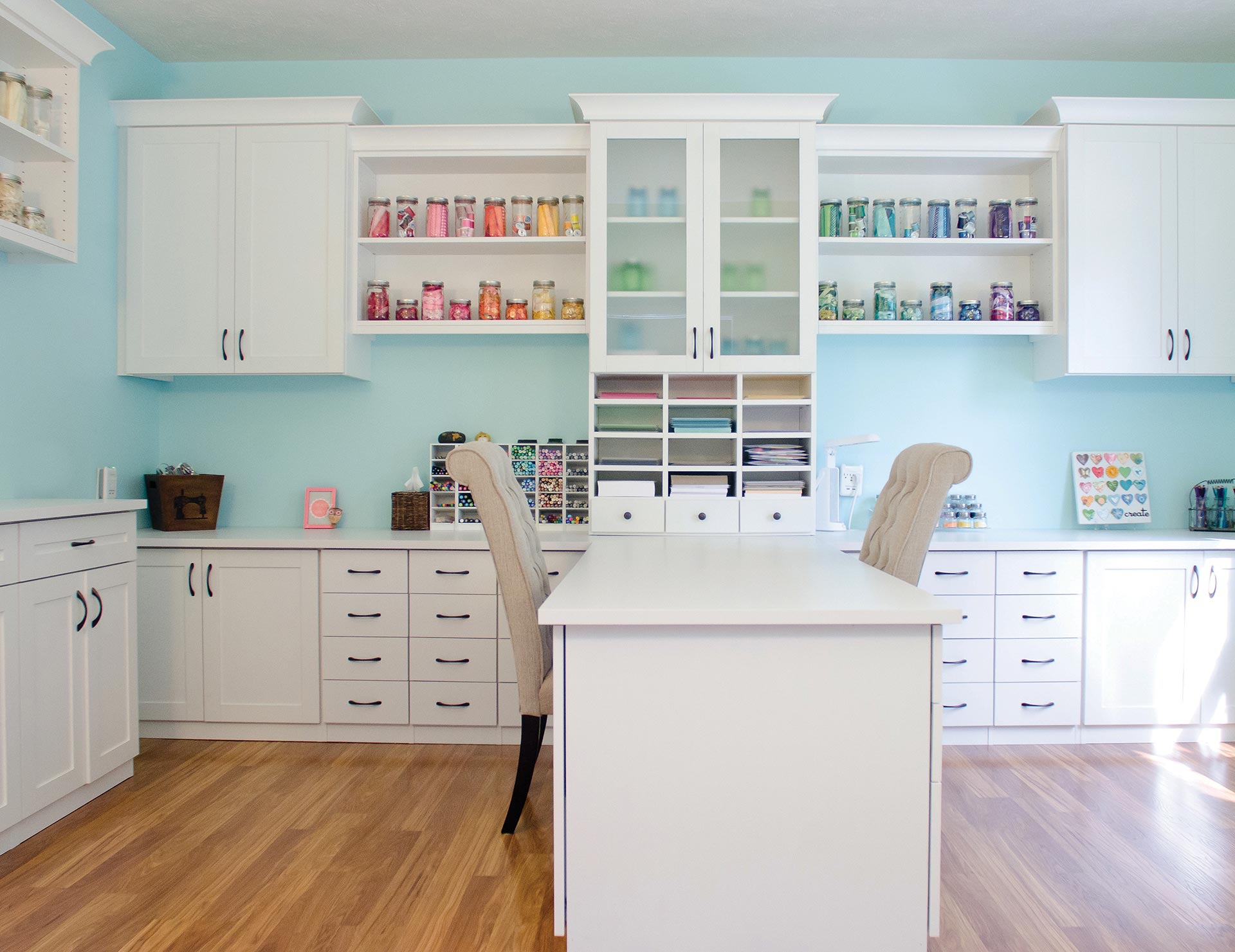 Cute Craft Room Ideas : Home Office Ideas & Craft Room Makeover / To continue the theme, watermelon decals embellish the plain white walls.