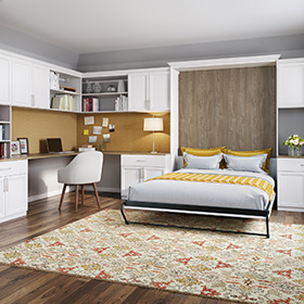 Office Space with White Shelving Cabinets Built in Desk and Murphy Bed