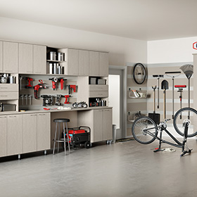 Light Grey Garage Storage With Tool Racks Work Space Cabinets Shelves and Drawers