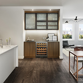 Halsted Wine Bar with Brown Cabinets and Wine Storage