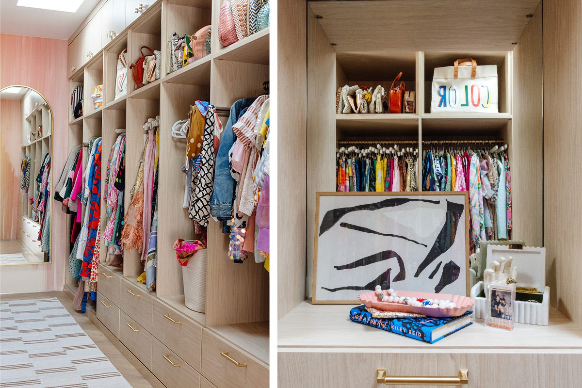 Long walk in closet design with open shelves and hanging sections, custom drawers in wood grain finish by California Closets