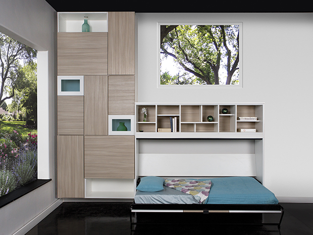 Horizontal wall bed opened up with natural wood grain finish cabinets and open shelving by California Closets