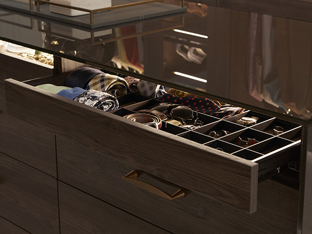 Drawer organizers for ties, watches an personal items in a dark wood finish by California Closets