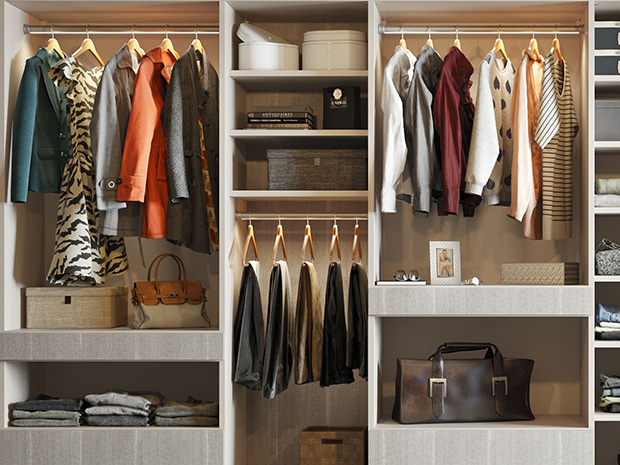 Sustainable materials in a reach in closet in natural wood finish by California Closets
