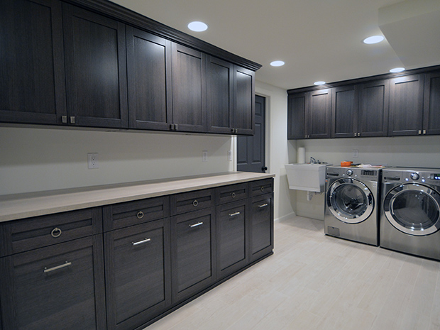 Pantry & laundry room closet organizers with custom shelving in Boston MA.