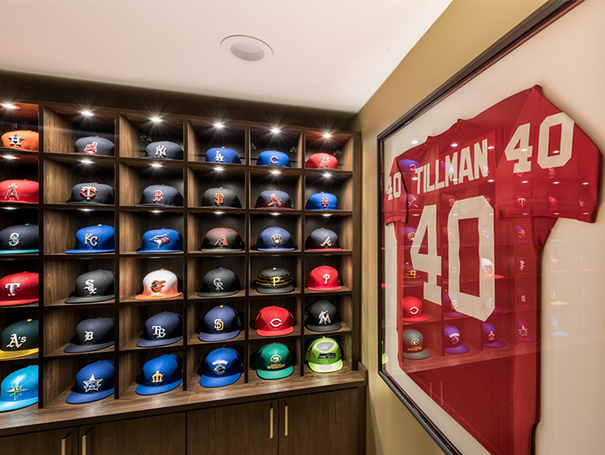 Shelving with LEDs for every shelf. Perfect for hats.