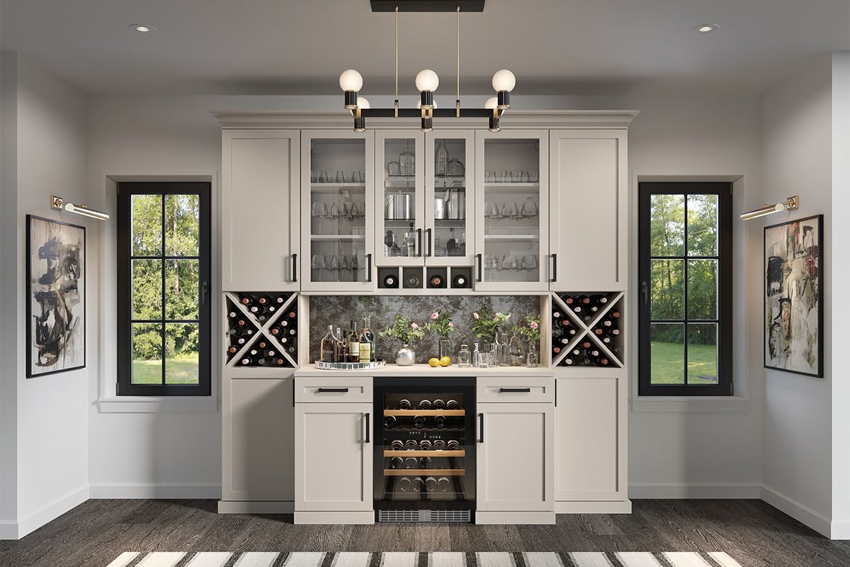 Pantry cabinets with built in shelves, drawers and wine storage in light wood grain finish created by California Closets