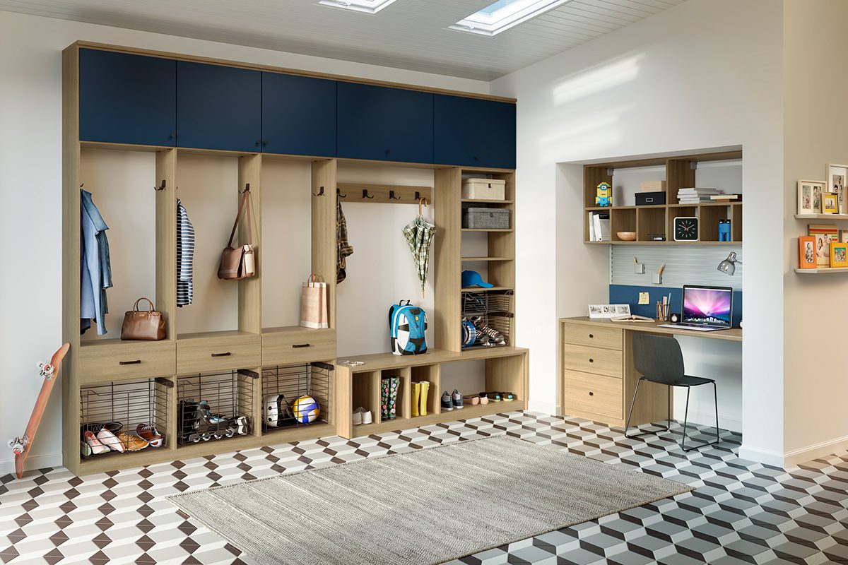 Mudroom design with open shelving, hooks, with shelf and office desk created by California Closets